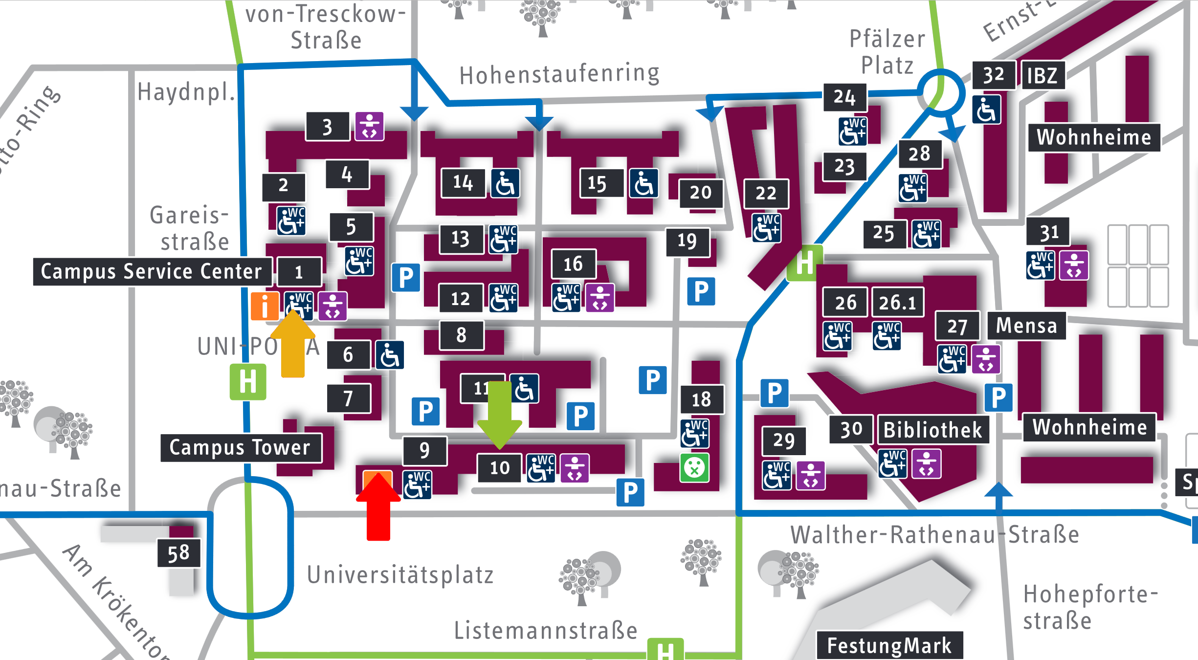 Campus mit Markierungen zu den Abgabeorten Campus mit Markierungen zu den Abgabeorten